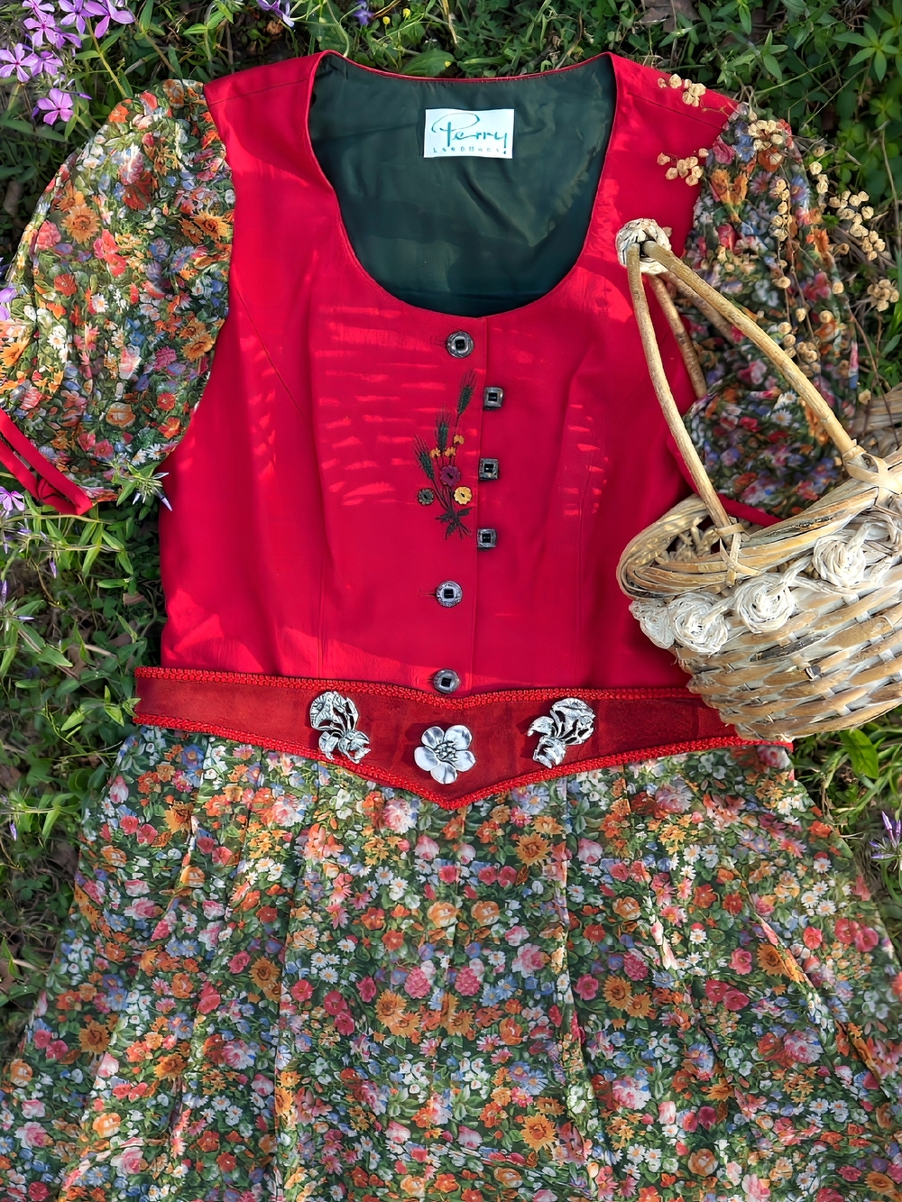 Vintage Red Floral Midi Dress, Cottagecore, Dirndl, Bohemian
